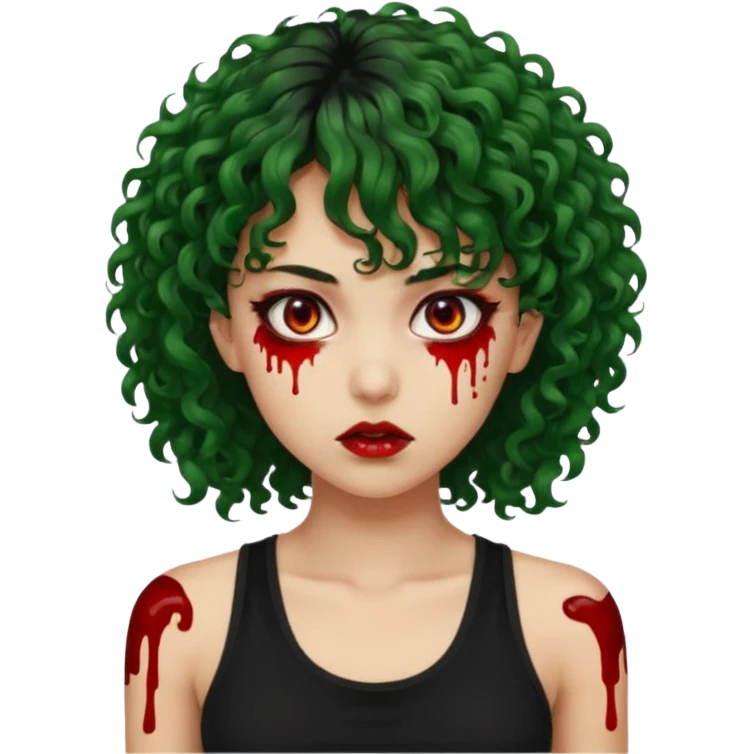 crie uma mulher, vibe total terror. mas ela com cabelo cacheado e franja. e pele verde. SAIA SANGUE DOS OLHOS VERMELHOS. ELA USA BLUSA REGATA PRETA. emoji