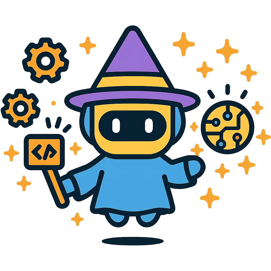 vector icon small AI wizard, gears levitating, code wand, circuit orb with automation magic sparks, minimal, futuristic, suitable for digital branding emoji