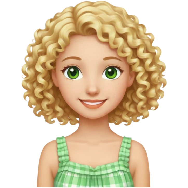 smiling girl with blonde curly hair and Green eyes in summer dress emoji