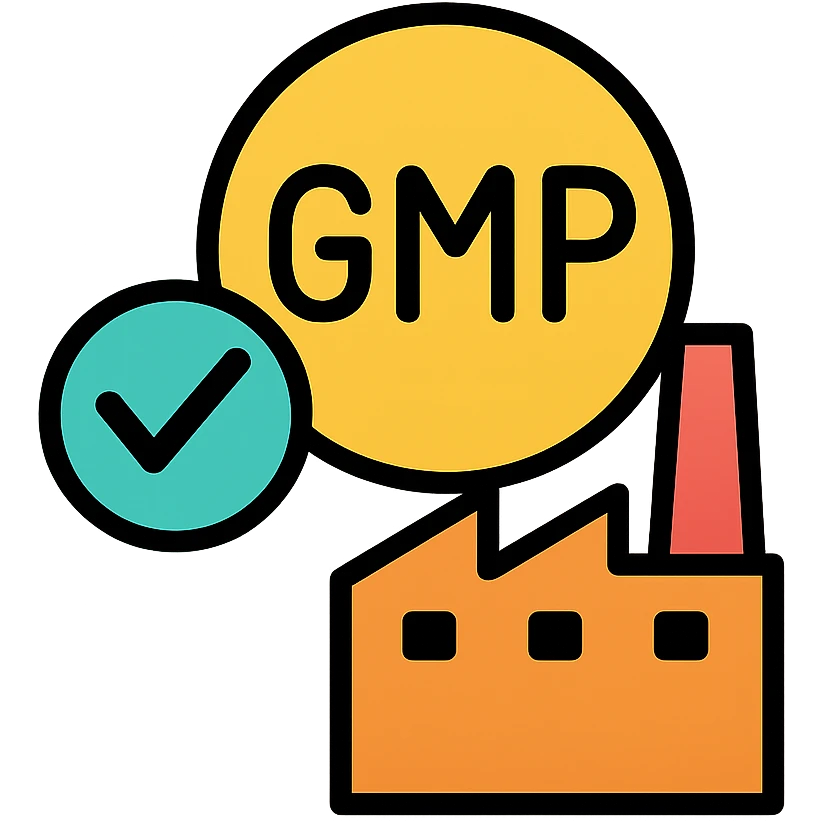 icon representing Good Manufacturing Practices (GMP) for supplement product labels, featuring a checkmark, a factory, and a circular badge, clean and professional style emoji