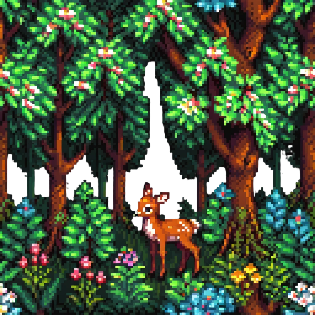 Add a pixel art forest background with trees and flowers behind Bambi, maintaining pixel art style. emoji