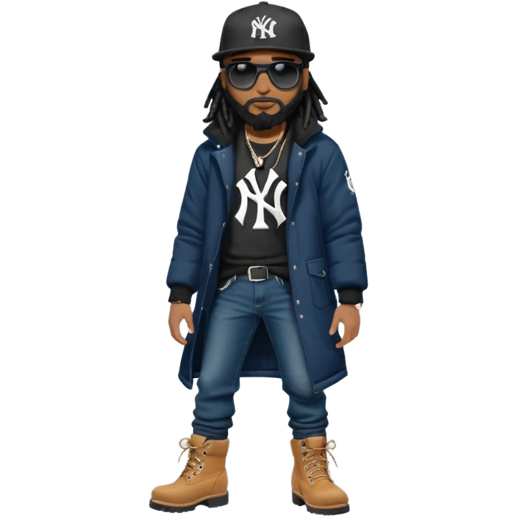 African American man with shoulder length black dreadlocks with black beard wearing black sunglasses wearing a black New York Yankees logo baseball cap wearing a black bubble winter coat wearing denim skinny jeans tying up his timberland boots emoji