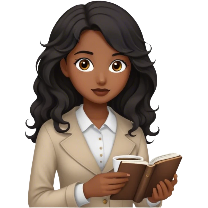 A girl with black wavy hair,wearing modest clothes with manga book and coffee her eyes are dark brown her skin color is a little dark but not that much  emoji