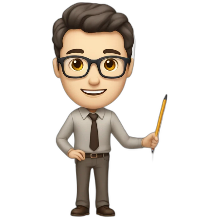 Pale skinned fit man with dark brown hair in gray jacket, beige office shirt, brown tie, brown pants and vintage glasses Writing on the flipchart emoji