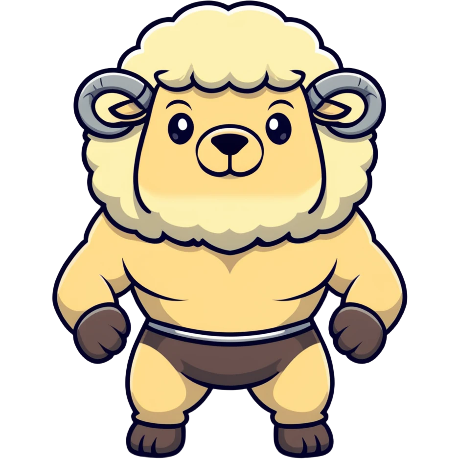 buff sheep, bodybuilder pose, fluffy wool, bold stance emoji