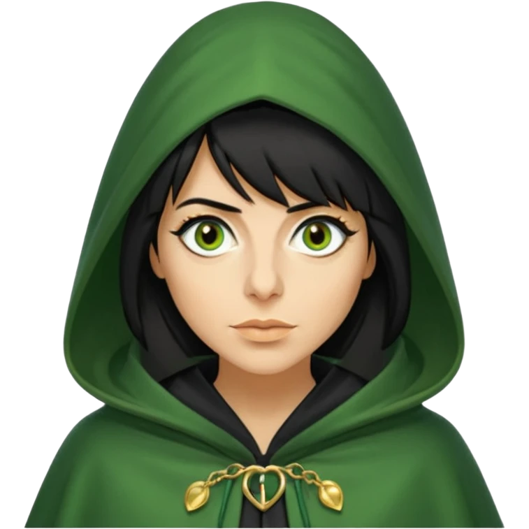 claudia winkleman as a traitor with a green hooded cloak with a gold clasp and dark black eyeliner emoji