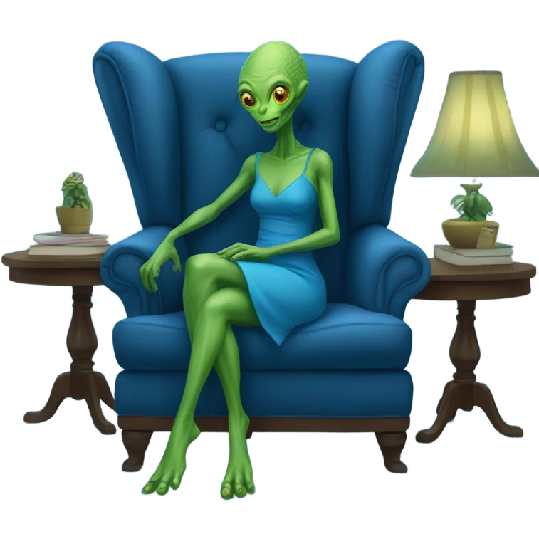 green alien reptilian woman in blue dress, sitting on a blue couch  emoji