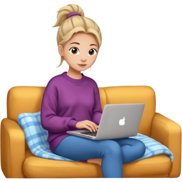 Cozy girl with ponytail on a cozy sofa with laptop on knees and a warm blanket, relaxed online shopping from home emoji