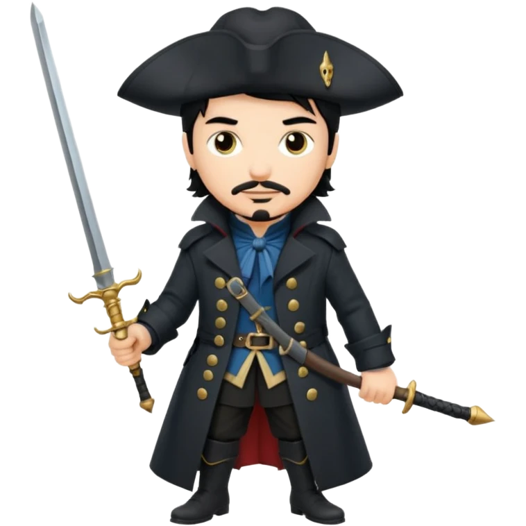 Athos, black hair, musketeer in black trench coat emoji
