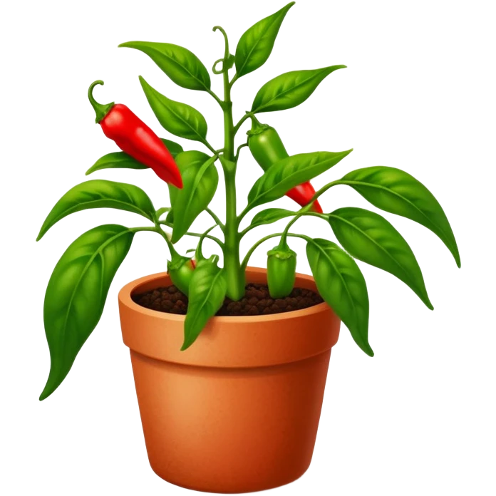 Potted green pepper plant with small red peppers growing on it emoji