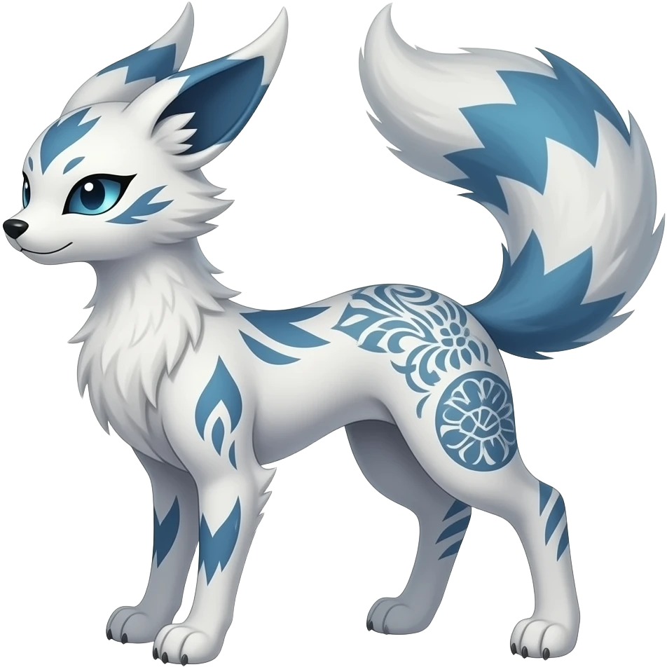 Animalistic fuzzy Slim thin lanky scrawny tall elegant oriental feral painted Asian Absol-Glaceon-Sylveon-fusion-hybrid-creature emoji