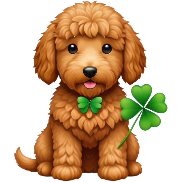 Red golden doodle with green clover emoji