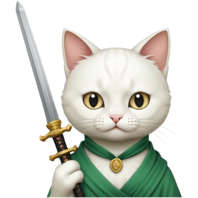 un gato blanco con reeferencia a rororoa zoro "una espada en cada mano y una en la boca" emoji