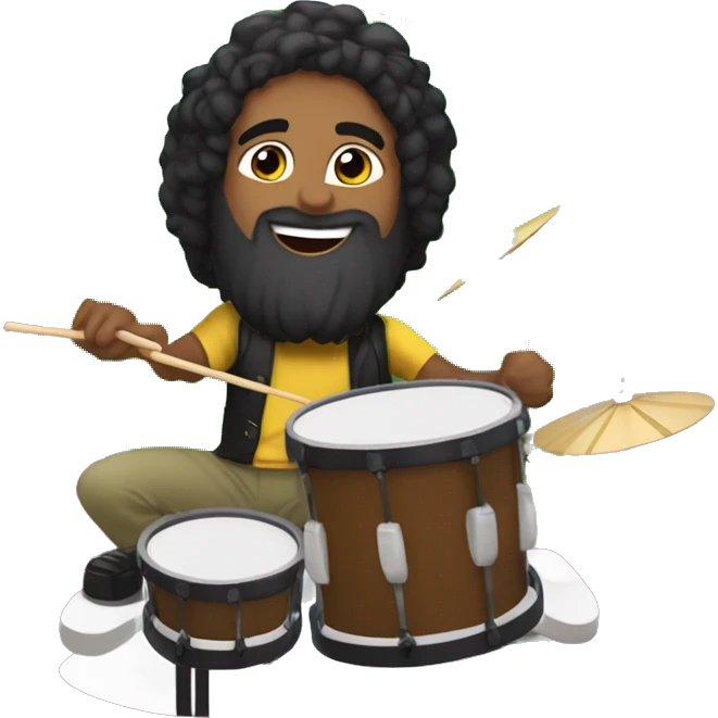 Create a scene of a Brazilian drummer with tied hair and a beard, full of joy, playing drums in his live stream. The logo "GG Lukas Drummer" should be clearly visible in the background. emoji