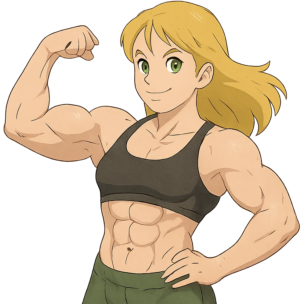 muscular white girl with blonde hair and green eyes, flexing 6 pack abs and one arm bicep emoji