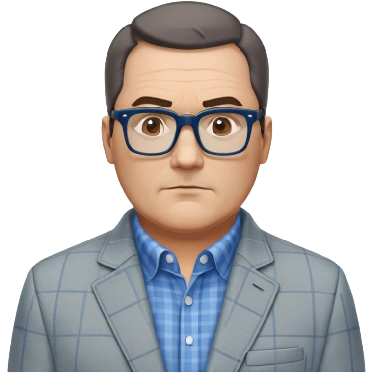 50-year-old heavyset man with very wide face and prominent square jawline. Short straight hair combed to the side, not balding. Large dark square glasses. Serious-relaxed expression. Light gray jacket that fits his larger frame, white shirt with blue checkered pattern. emoji