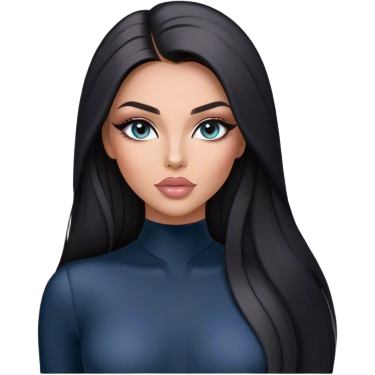 Glamours, tanned, very beautiful girl, with big pump peach-beige-rose lips, long long lashes, black straight smooth silky long hair, straight parting hair, blue-grey eyes in black long-sleeves bodysuit emoji