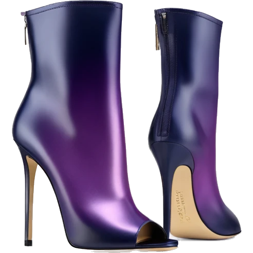 Real isolated top view of a pair of metallic dark navy to dark purple ombre Jimmy Choo stiletto peep toe ankle bootie boots.  emoji
