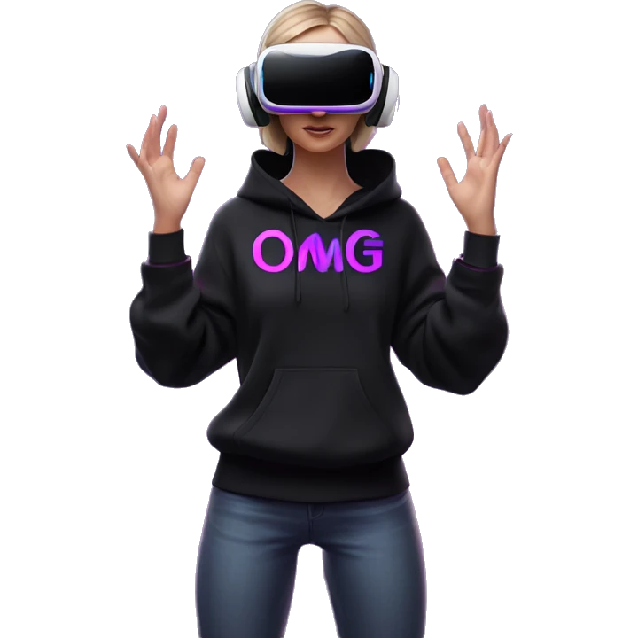 Russian girl wearing black hoody with violet letters "OMG", in vr headset oculus quest2. Standing like jedi. Cyberpunk style. Violet neon. emoji
