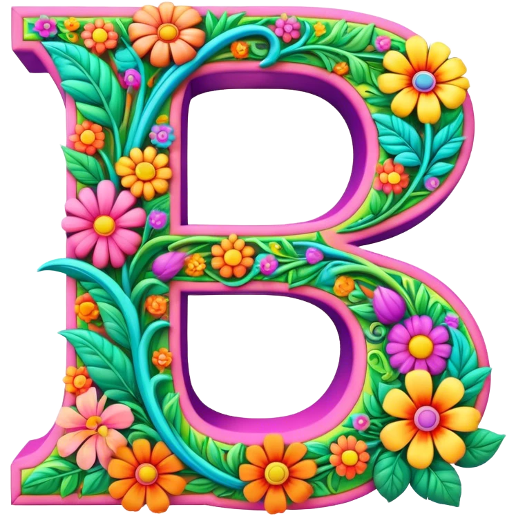 3D, gothic style psychedelic colored capital Letter R with hippie style flower border emoji