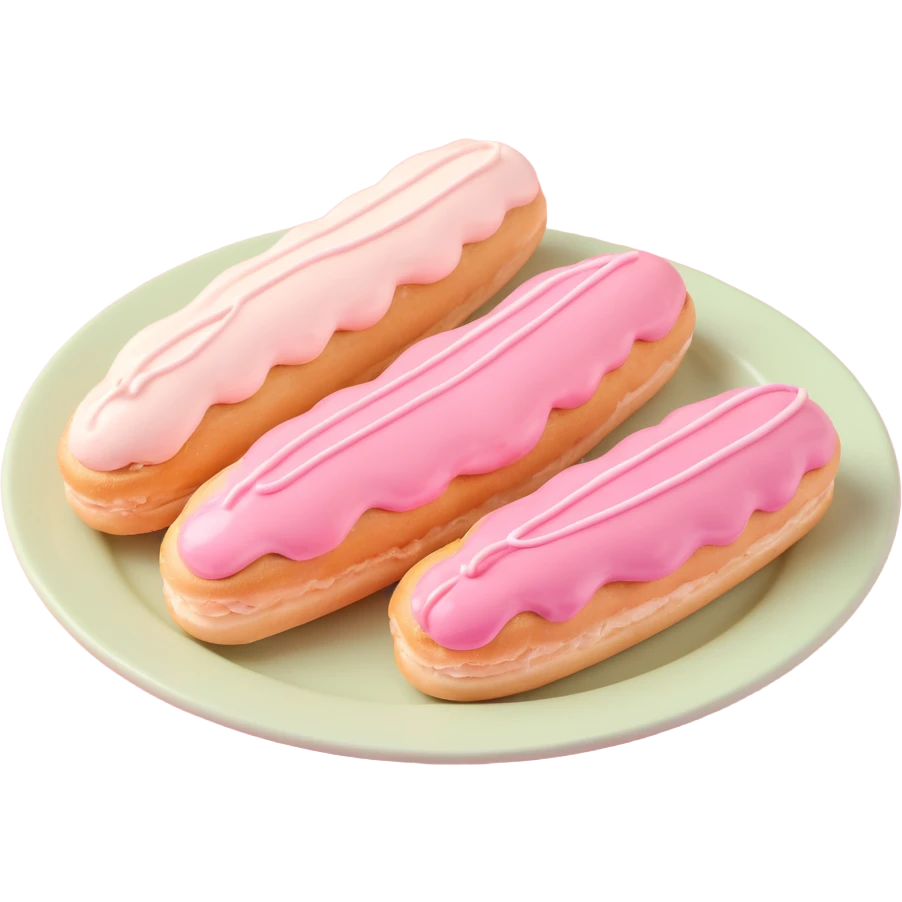 3D iOS-style illustration of three eclairs with pink glaze and cream on a plate, pastel color palette, soft lighting, no background. emoji
