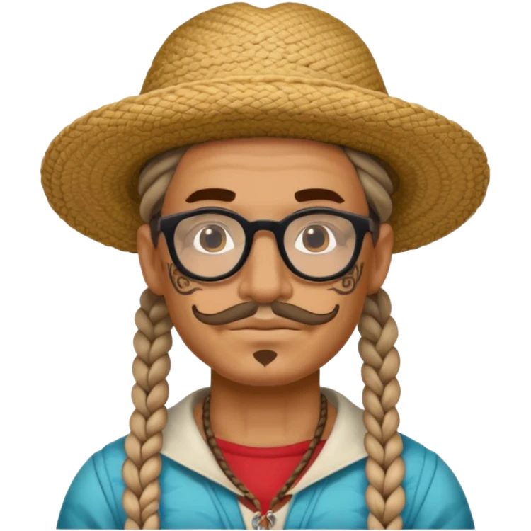 very tattoed face, normal glassess, fat venice gondolier with iconic hat and thick braided hair emoji