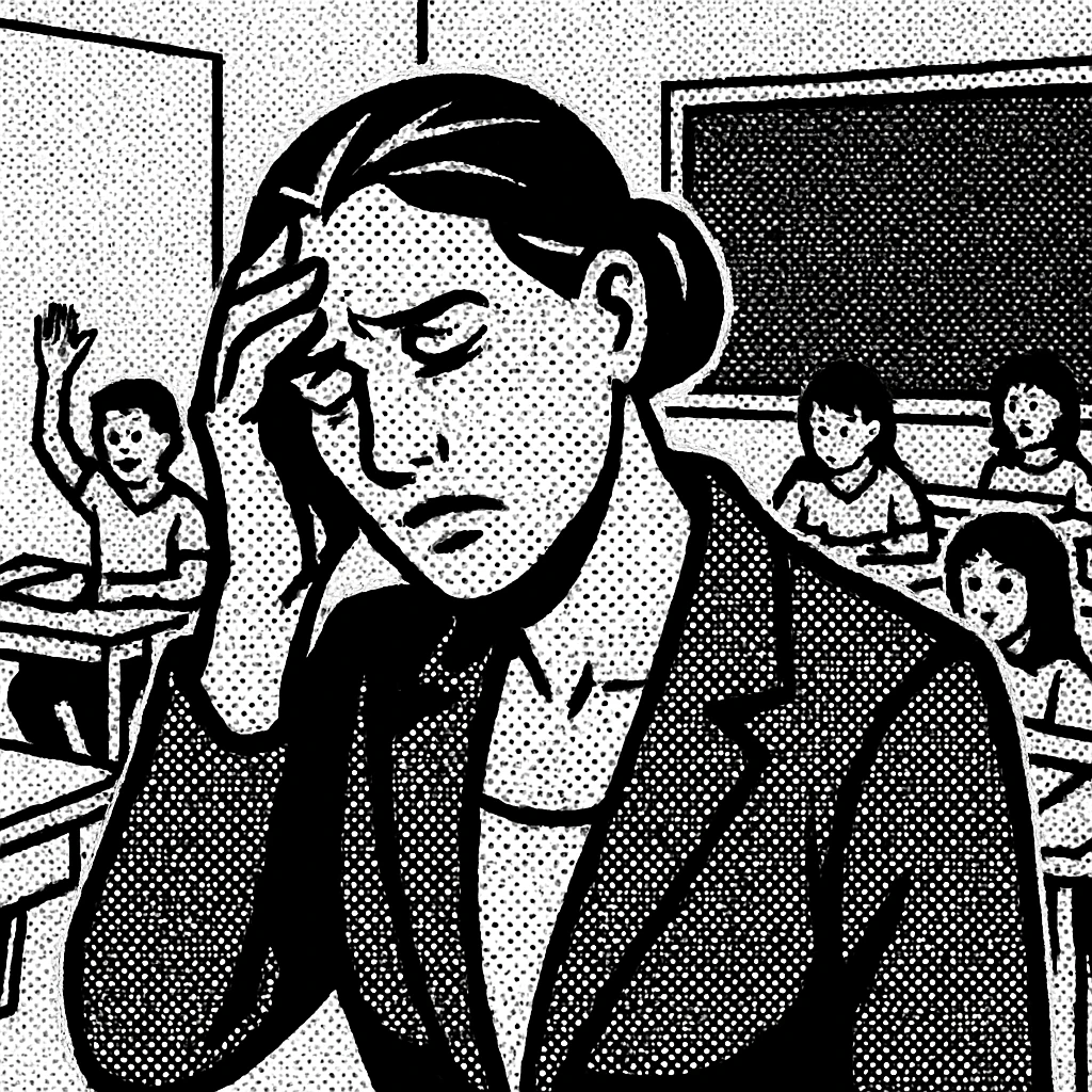 exhausted teacher in a bustling classroom emoji