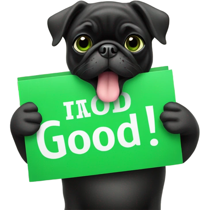 Black pug holding a green sign that says good luck  emoji