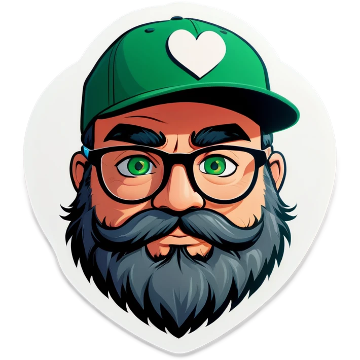A bold man with a grey baseball cap, green eyes, big beard and glasses hugging heart emoji