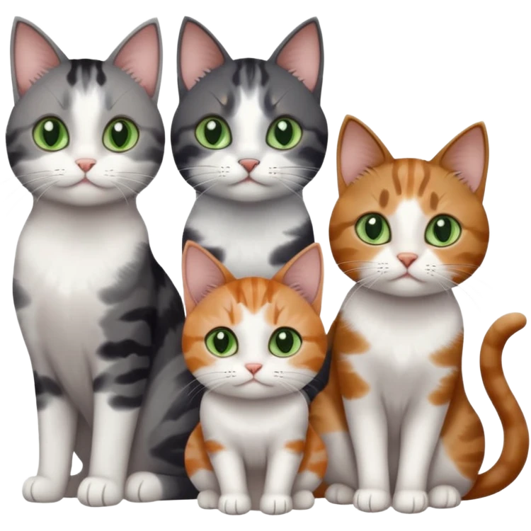 4 different coloured small cats including a dark grey and white, and a patchy calico, and a brown tabby and white,  and a completely solid dark grey with green eyes and only white paws emoji