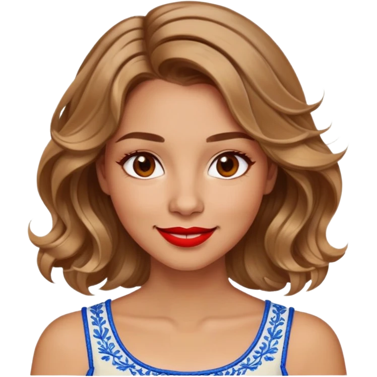 Enthusiastic woman with healthy glowing skin, round cheeks, warm smile, expressive light brown eyes, red lipstick, wavy dark blonde shoulder-length hair with highlights, summery white top with blue embroidery and electric blue neckline emoji