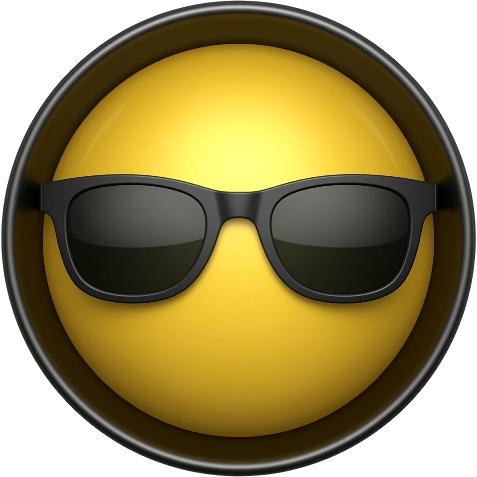 Emoji de cara redonda amarilla con gafas de sol oscuras, la luz se refleja en su superficie, . que el fondo sea negro emoji
