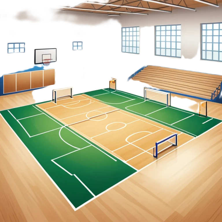 A mini-football match in an indoor sports hall with a wooden floor and clear court markings. The scene captures players in action, with the ball moving towards the goal, and the surrounding bleachers and overhead lights adding to the atmosphere of a competitive game. emoji