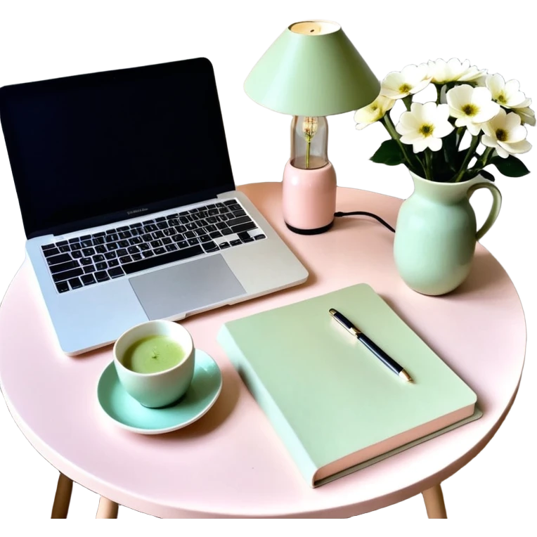 seeing a working from home desk from above with a macbook computer, fashion/interior magazines, flowers in a little vase, louis poulsen portable lamp with a dimmed cozy light and a iced matcha. very girly aesthetic emoji