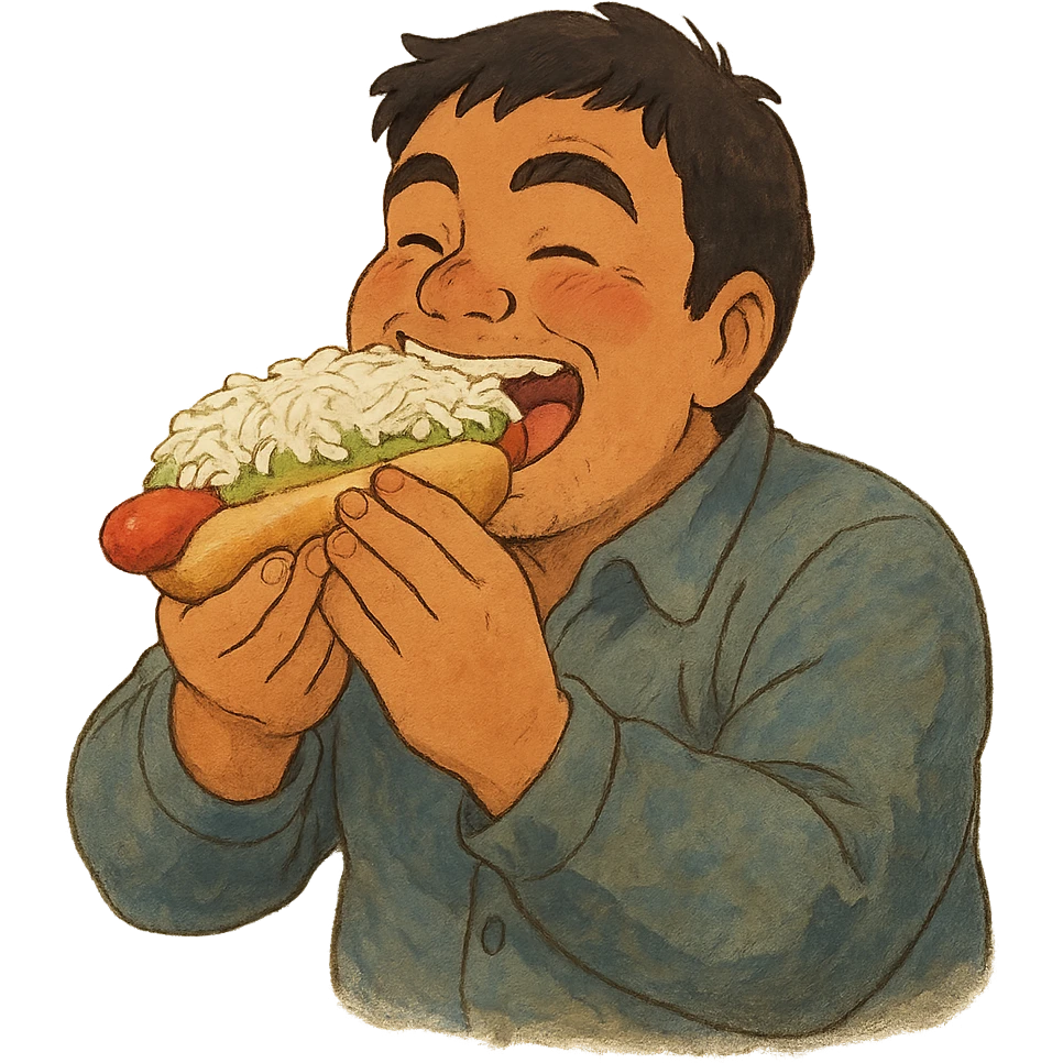 ghibli style of a Chilean person happily eating a completo hot dog emoji