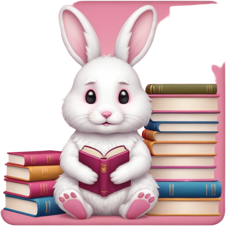 White rabbit sitting on 4 legs next to a stack of books consisting of 3 books emoji
