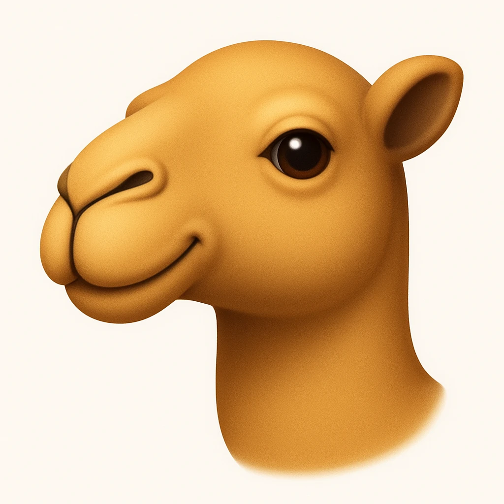 Edit the camel emoji to remove the hat, the green part of its neck, and the thing in or by its mouth. Keep all other details and style exactly like the iOS emoji style reference image. emoji