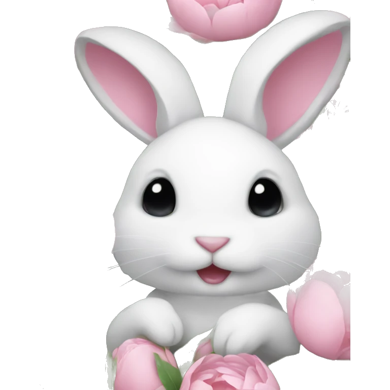 cute white bunny holding light pink peonies emoji