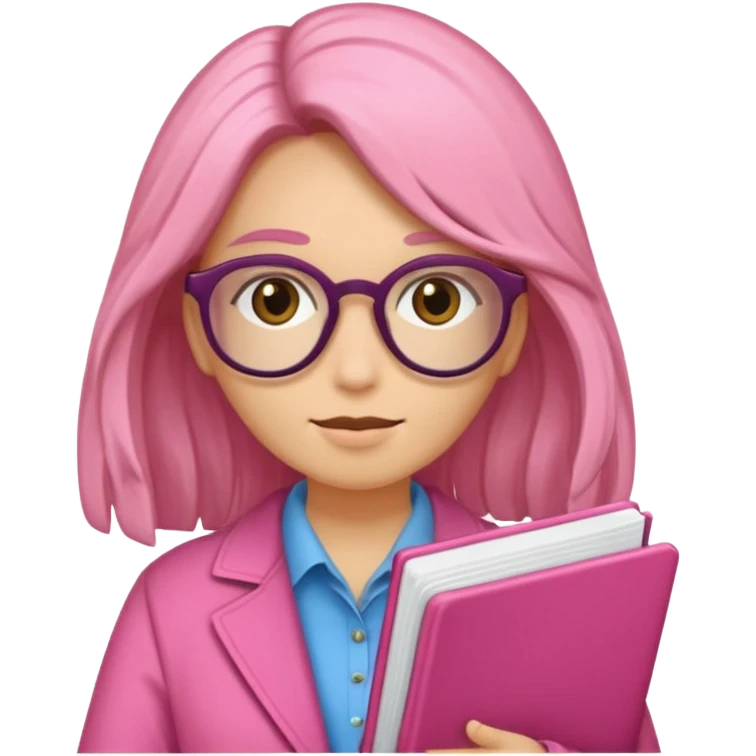 Estudante de cor parda,com o cabelo cacheado na cor loiro escuro , e de óculos segurando um caderno rosa emoji