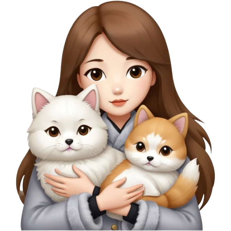 A Chinese fashion girl with brown hair, wearing a light gray fur coat, hugging a Shiba Inu and a long-haired white Persian cat. emoji