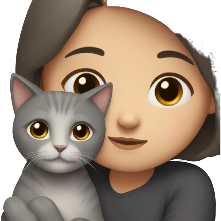 Girl with dark brown hair cuddles grey cat  emoji