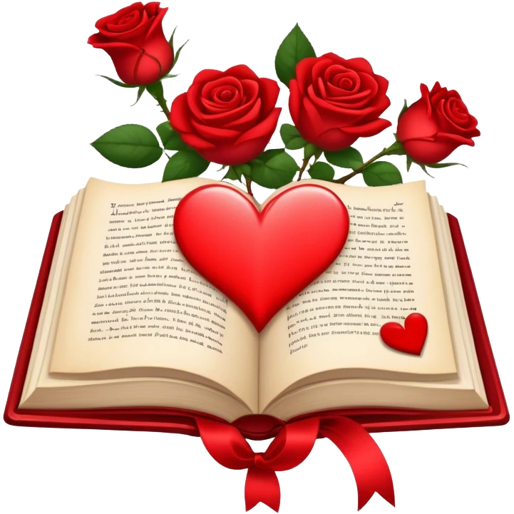 Icon for Romance Reading: an open book with a heart-shaped bookmark, surrounded by roses, a love letter, and a cup of tea. The icon should evoke the warmth, passion, and emotional depth of a love story. Transparent background emoji