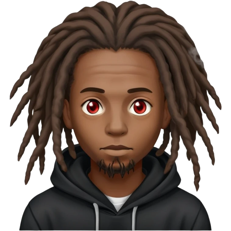 black male with dreadlocks, light red eyes, high, exhaling smoke, wearing a hoodie emoji
