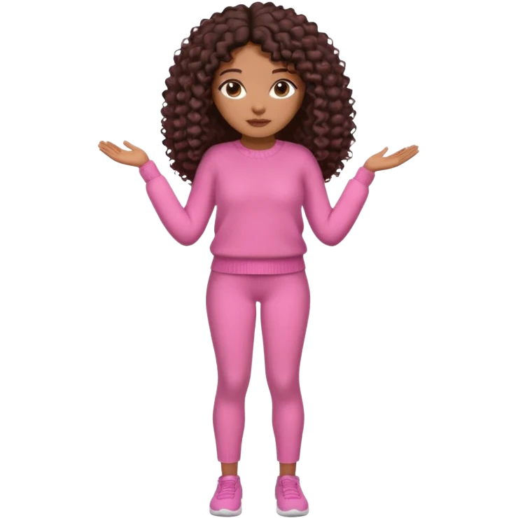 Uma menina negra da pele clara magra definida com roupa de malha rosa, com cabelo cacheados  todo castanho escuro bem grande até a cintura sem muito volume no cabelo emoji