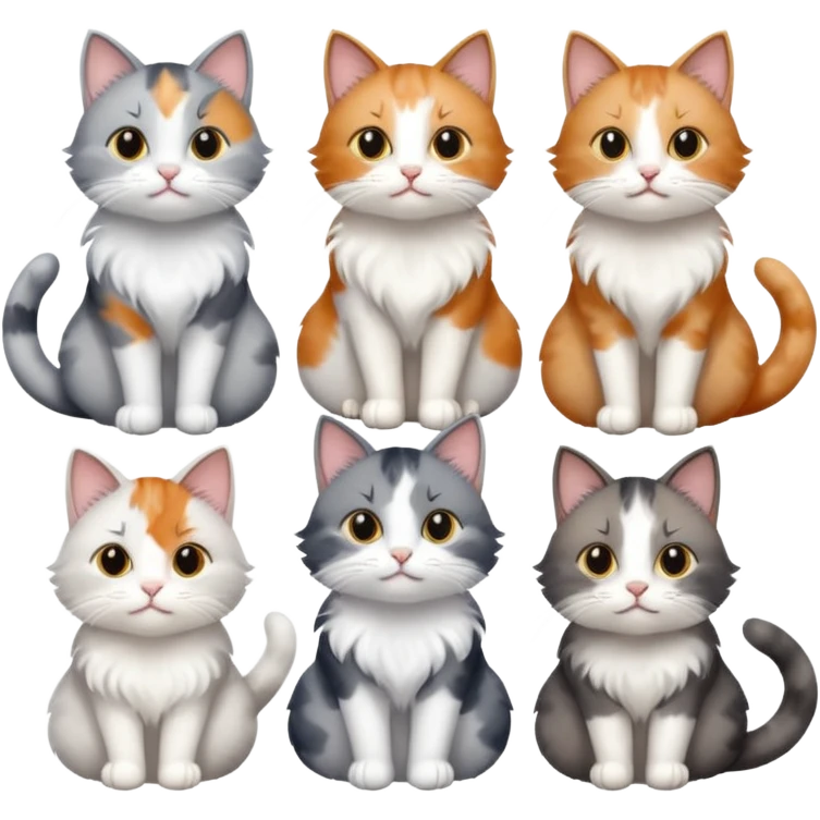 6 realistic looking cats with different natural coloured coats, assorted grey and white, greys, calico, brown and white colours etc
 emoji