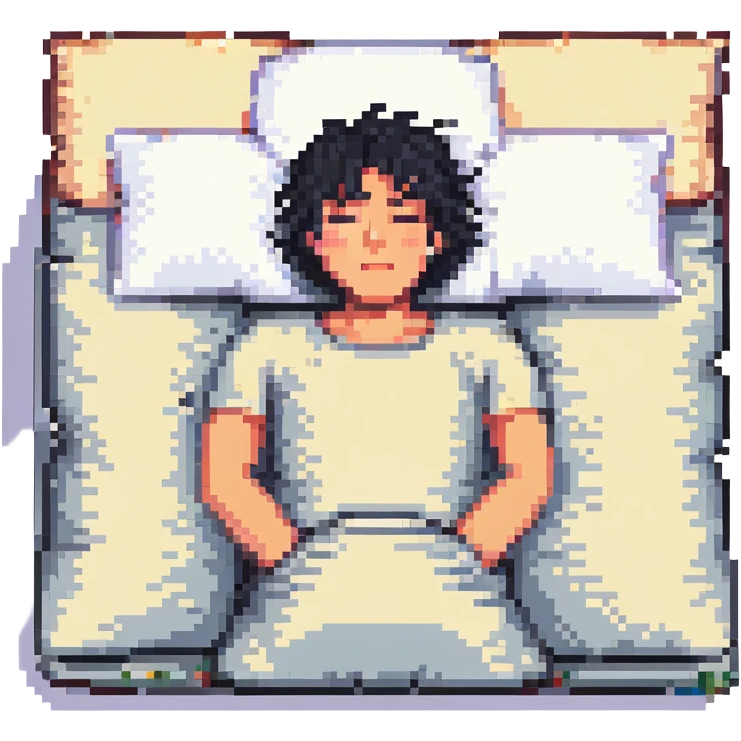 man with black hair drooling while sleeping with his head on a pillow, pixel art style emoji