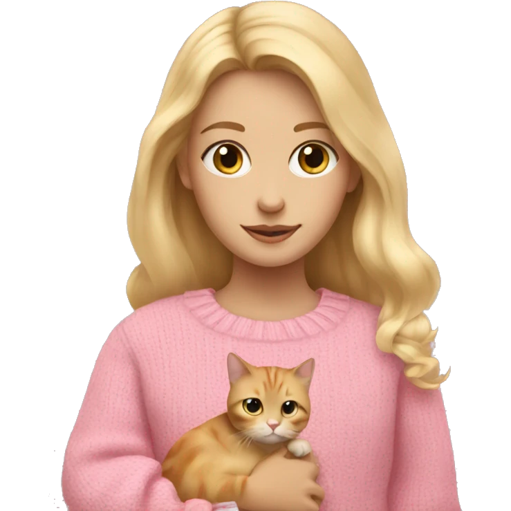 A girl with blonde hair holding a cat with a pink sweater emoji