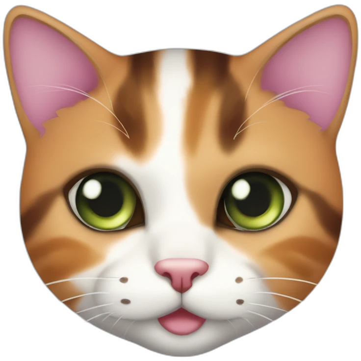 young striped calico cat face with a pink nose, white chin, green eyes, and orange/brown markings emoji