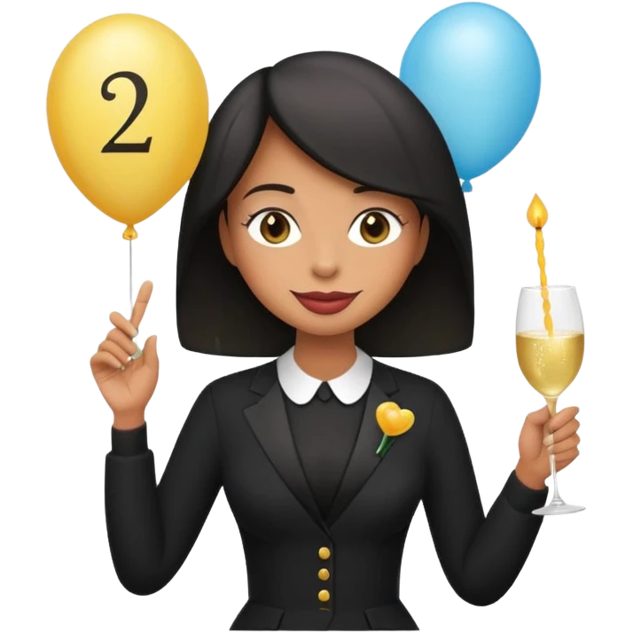 Emoji-style illustration of a funny woman in black funeral outfit holding a prosecco glass, balloon with number 29, ironic birthday funeral theme, playful expression, flat emoji design, pastel tones, high resolution emoji