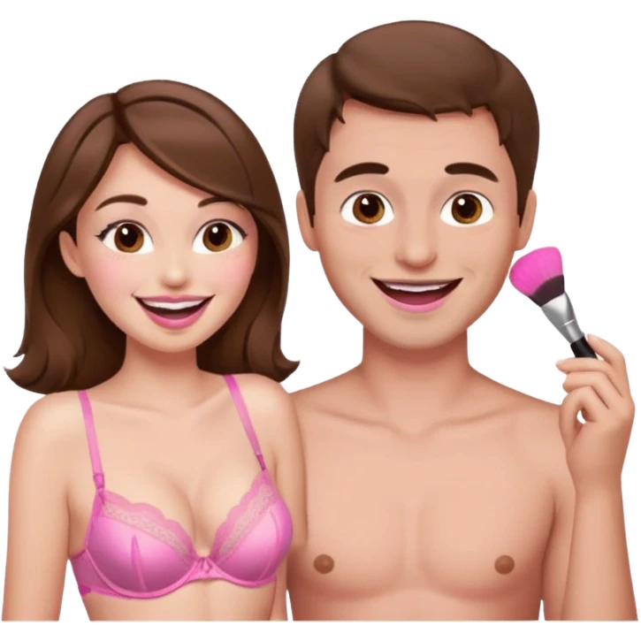 brown hair male getting sissified in pink lingerie dress by his wife. the wife is crying with laughter. she is doing makeup emoji